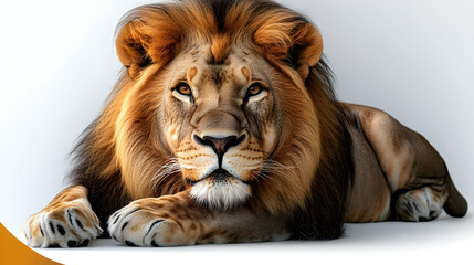 Fototapeta premium Majestic Lion Rests Calmly on a White Surface, Paws Gently Folded