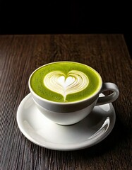 brewed cup of matcha latte with a heart-shaped foam design- 