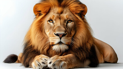 Fototapeta premium Majestic Lion Rests Calmly on a White Background, Displaying its Regal Presence and Power.