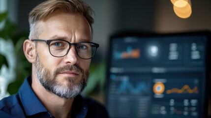 Focused Businessman in Corporate Office Workspace Analyzing Data and Working on Laptop Computer  Professional Adult Male in Modern Minimalist Office Environment