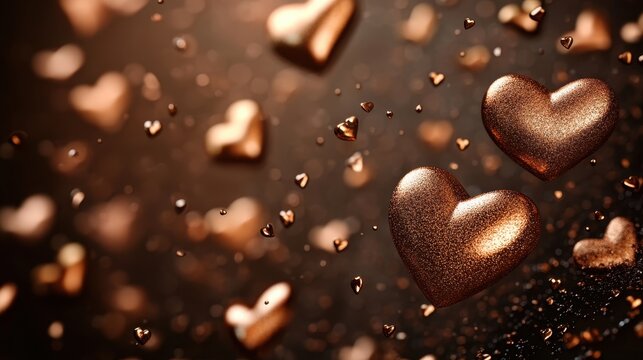 Shimmering Bronze Hearts Floating in a Dreamy Atmosphere with Soft Lighting and Bokeh Effects