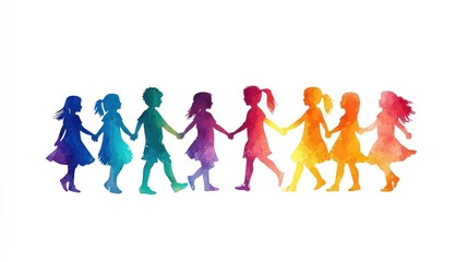 Vibrant and colorful children holding hands, papercut style, white background
