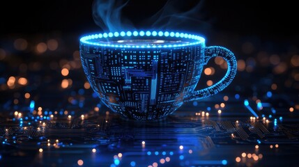 A futuristic cup of coffee made from glowing circuit boards.