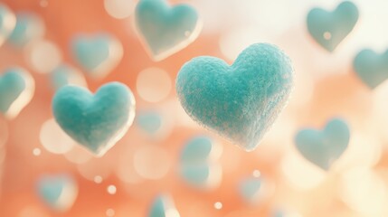 Fototapeta premium Soft Blue Hearts Floating in a Dreamy Bokeh Background with Warm Tones and Gentle Lighting
