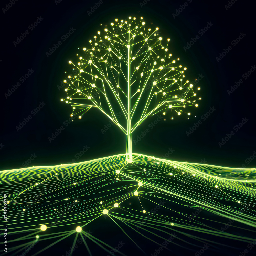 Wall mural high-tech luminous network tree on an inclined surface, neon chartreuse connections dissolving into 