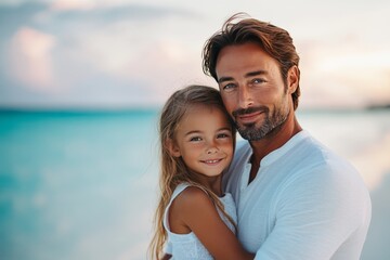 Obraz premium Father and daughter share a joyful moment by the beach at sunset near a crystal clear ocean