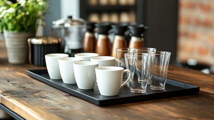 A tray of white coffee mugs and clear glasses on a rustic wooden table in a coffee shop.