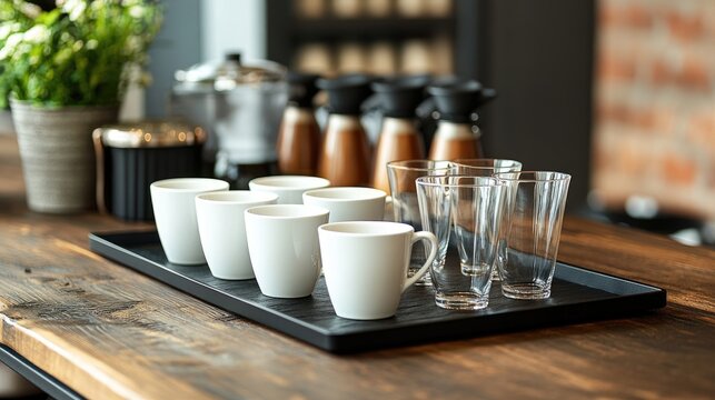 A tray of white coffee mugs and clear glasses on a rustic wooden table in a coffee shop.