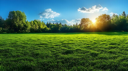 Obraz premium Lush Green Grass Field Meets Forest under a Vibrant Sunset Sky in a Serene Landscape