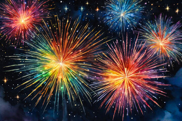 Bright multicolored fireworks in the shape of a heart against the background of the night starry sky and the urban landscape
