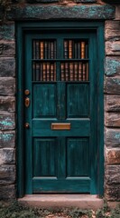 Dark teal wooden door with antique books in glass panes, set in a rustic stone wall. Moody lighting enhances the aged texture