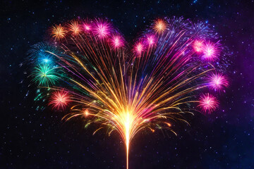 Bright multicolored fireworks in the shape of a heart against the background of the night starry sky and the urban landscape