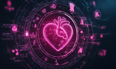 Fototapeta premium Pink heart, data lines and abstract icons glow.
