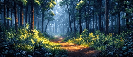 Obraz premium Sun rays illuminate a path leading through a dense forest.