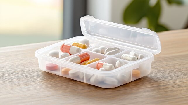 Close-up of a weekly pill organizer with various pills and capsules on a wooden table under soft daylight, highlighting medication adherence, routine health management, and organized medical care.
