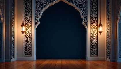 Islamic Archway Interior Design Elegant Lanterns Wooden Floor Blue Background