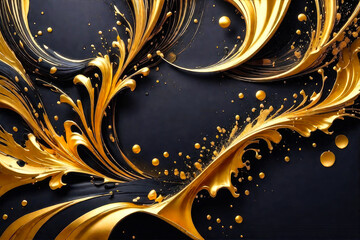 Texture of the black background with golden splashes of liquid paint. Abstract bright wave design for business, interiors, greeting cards for holidays, decor.