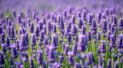 Fototapeta premium Serene lavender field with gentle breeze and soft focus on vibrant flowers 