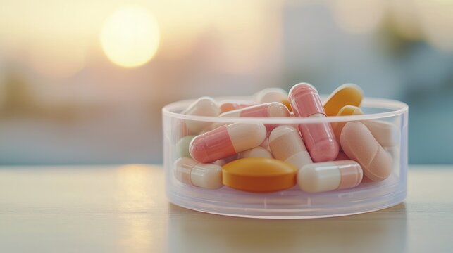 Close-up of a weekly pill organizer with various pills and capsules on a wooden table under soft daylight, highlighting medication adherence, routine health management, and organized medical care.