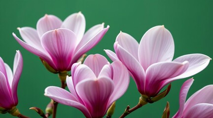Fototapeta premium Close-up of magnolia blossoms in full bloom with soft pink petals against a simple green background