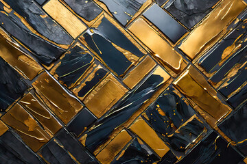 Texture of the black background with golden splashes of liquid paint. Abstract bright wave design for business, interiors, greeting cards for holidays, decor.