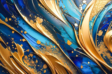Texture of the black background with golden splashes of liquid paint. Abstract bright wave design for business, interiors, greeting cards for holidays, decor.