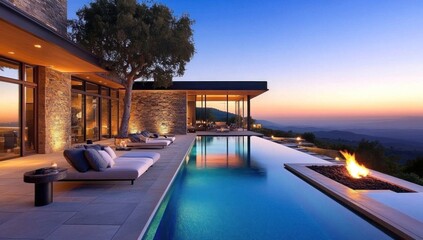 Fototapeta premium Luxury Villa with Infinity Pool and Panoramic Sunset Views