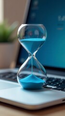 Modern hourglass with blue sand sitting on laptop keyboard measuring time
