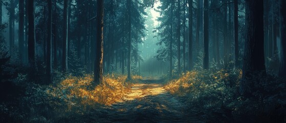 Obraz premium A mysterious path leads into a dense, misty forest.
