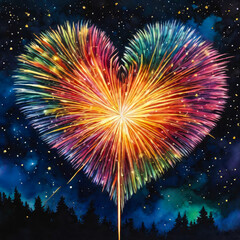 Bright multicolored fireworks in the shape of a heart against the background of the night starry sky and the urban landscape