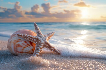 Beautiful seashell and starfish on sandy beach with gentle waves at sunset