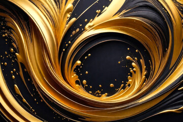 Texture of the black background with golden splashes of liquid paint. Abstract bright wave design for business, interiors, greeting cards for holidays, decor.