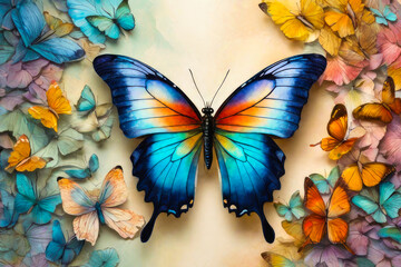 Colorful butterflies as a watercolor background with an empty space for text.