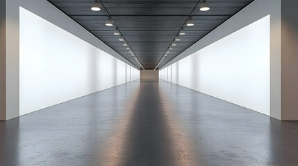Empty Gallery Interior with White Walls and Polished Concrete Floor brightly Illuminated