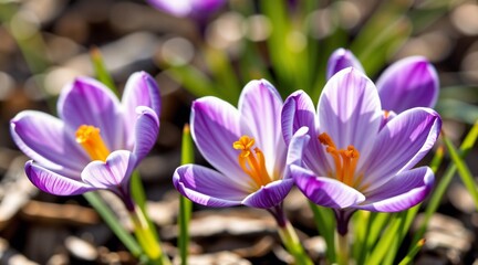Close-up of crocus flowers with smooth petals and fresh design in subtle natural light