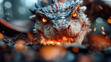 A fierce dragon with fiery orange eyes and textured scales is captured in this image, depicting strength and the mythical allure of these legendary creatures in nature.