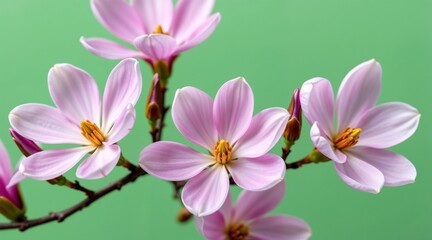 Fototapeta premium Close-up of magnolia blossoms in full bloom with soft pink petals against simple green background