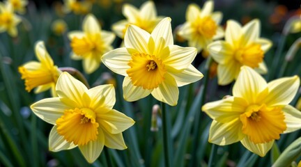 Bright yellow daffodils blooming in spring garden with soft focus on flowers