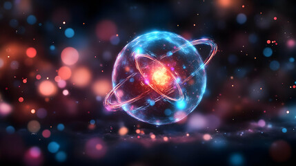 Obraz premium Abstract Energy Sphere with Glowing Rings on Bokeh Background with Dynamic Light Effects