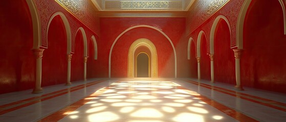 Obraz premium Sunbeams illuminate an empty corridor in a grand, ornate palace with arched doorways.