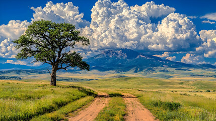 Obraz premium Lone tree on dirt road, mountain view, summer clouds