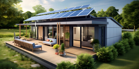 Fototapeta premium Environment friendly modern eco tiny house with solar cells on the roof