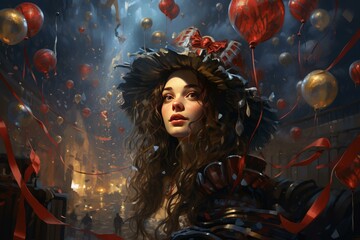 Young woman with curly hair and an extravagant hat observes many balloons floating above a festive street scene