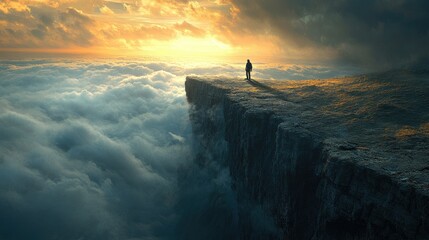 Fototapeta premium A lone figure stands on a cliff overlooking a sea of clouds at sunset.