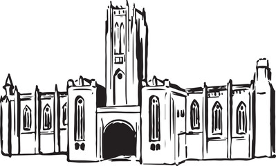 Liverpool Cathedral, Liverpool, England black and white ink sketch. Majestic Gothic Revival architecture with towering spires and intricate stonework. Historic landmark illustration. Tourism, travel, 