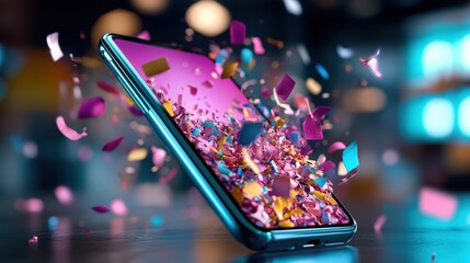 A mobile phone displaying a burst of colorful confetti, creating an exciting and dynamic visual that captures the festive joy and celebration associated with digital experiences.