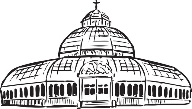 Sefton Park, Liverpool, England black and white ink sketch. Scenic Victorian park with lush landscapes, historic Palm House, and serene pathways. Iconic landmark illustration. Tourism, travel, nature