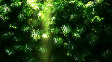 Obraz premium Sunbeams illuminate lush green foliage creating vibrant tropical ambiance.