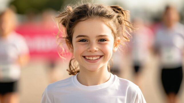 Cheerful young girl with curly blonde hair smiling enthusiastically while taking part in a family friendly race or community event surrounded by a festive joyful atmosphere