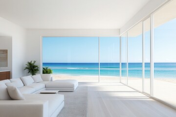 Fototapeta premium Virtual tours are transforming real estate experiences. Modern beachfront living room with panoramic ocean views.